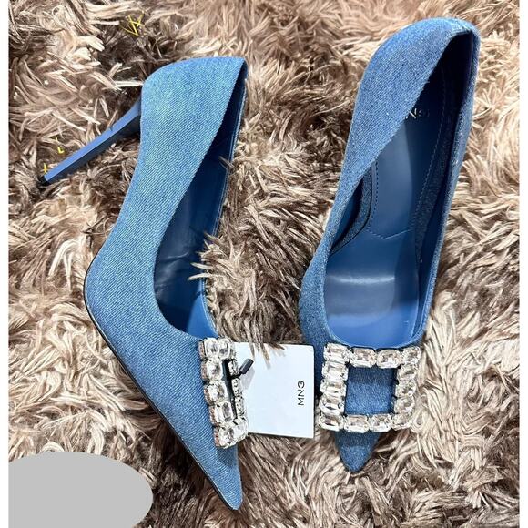 MANGO Denim Crystal Buckle Heels NWT – Embellished Pointed Toe Pumps, Size 8.5 - Picture 6 of 12